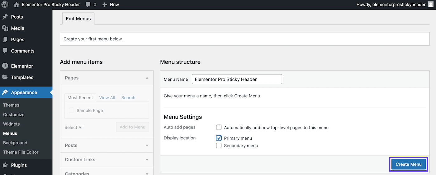 Nommez votre menu et sélectionnez un emplacement