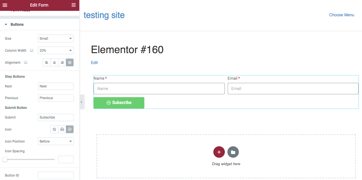 Schermata di Elementor con il menu Form Fields aperto e il modulo al centro dell’editor, dove potete modificare anche il pulsante di azione