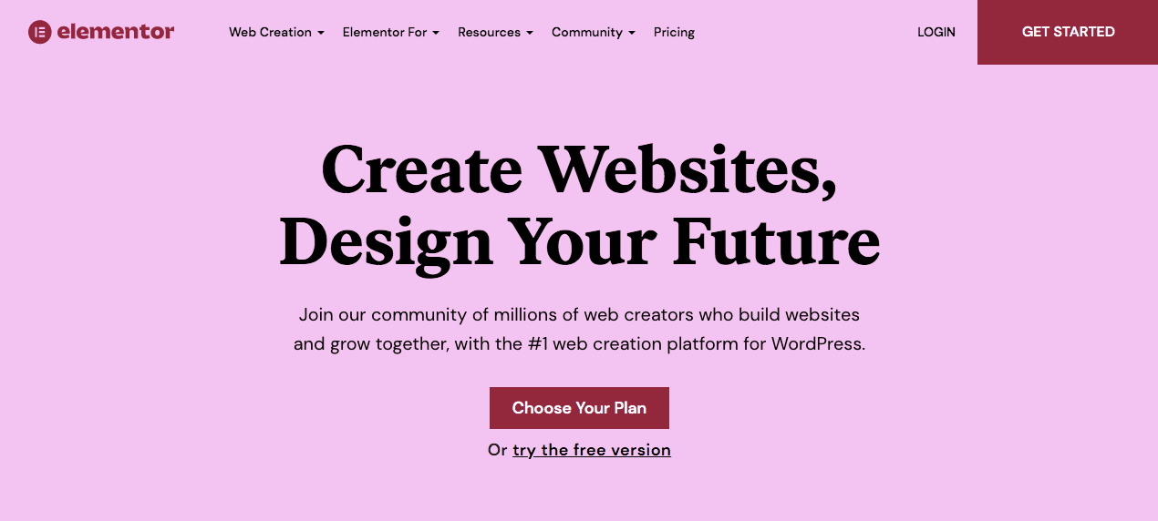 Homepage di Elementor con il motto Create Websites, Design you future