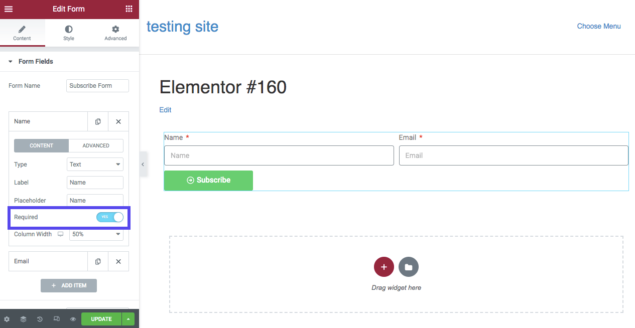 Schermata di Elementor con il menu Form Fields aperto e l’opzione Required selezionata