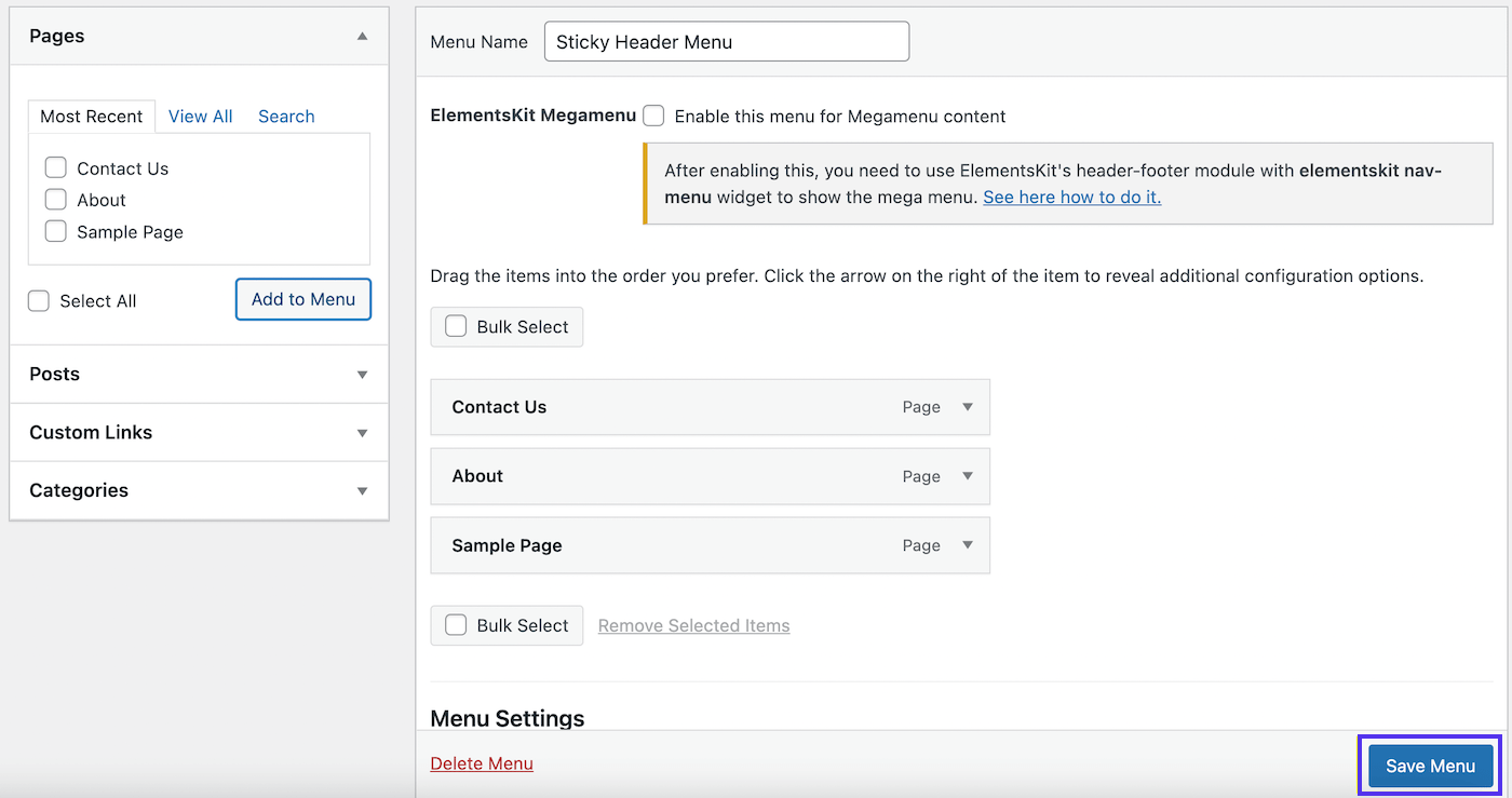 Enregistrer votre menu d'en-tête épinglé