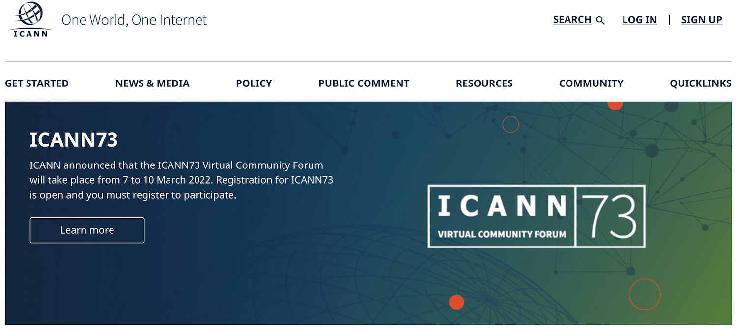 página de inicio de ICANN 