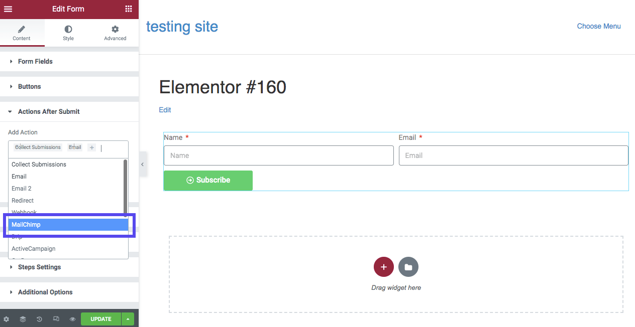 Choisissez Mailchimp dans le menu déroulant.