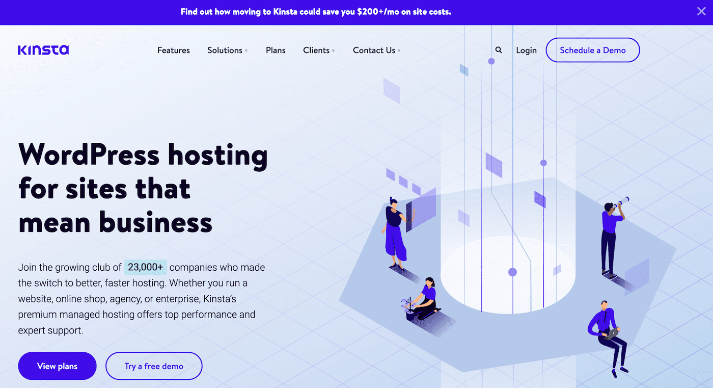 Homepage del sito di Kinsta con l’header che include voci come Caratteristiche, Soluzioni, Piani e Contatti