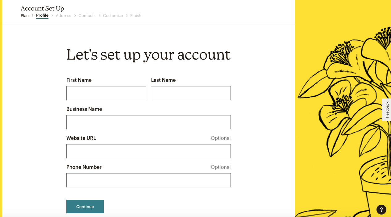 Schermata dal sito Mailchimp con il modulo per inserire i dati della vostra azienda e configurare l’account