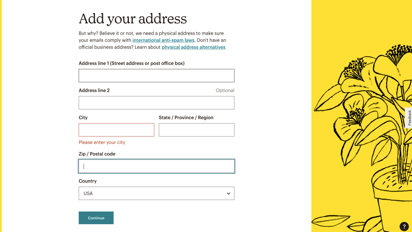 Schermata dal sito Mailchimp con il modulo per inserire il vostro indirizzo