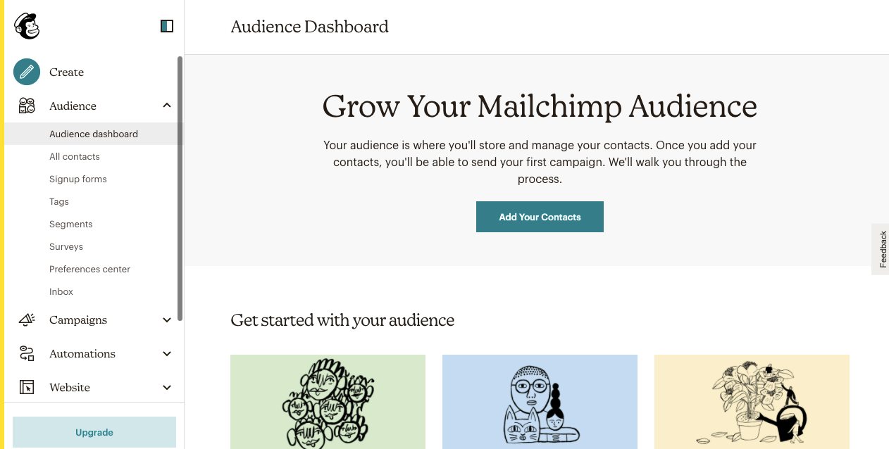 Schermata della Audience Dashboard di Mailchimp in cui potete creare il vostro pubblico