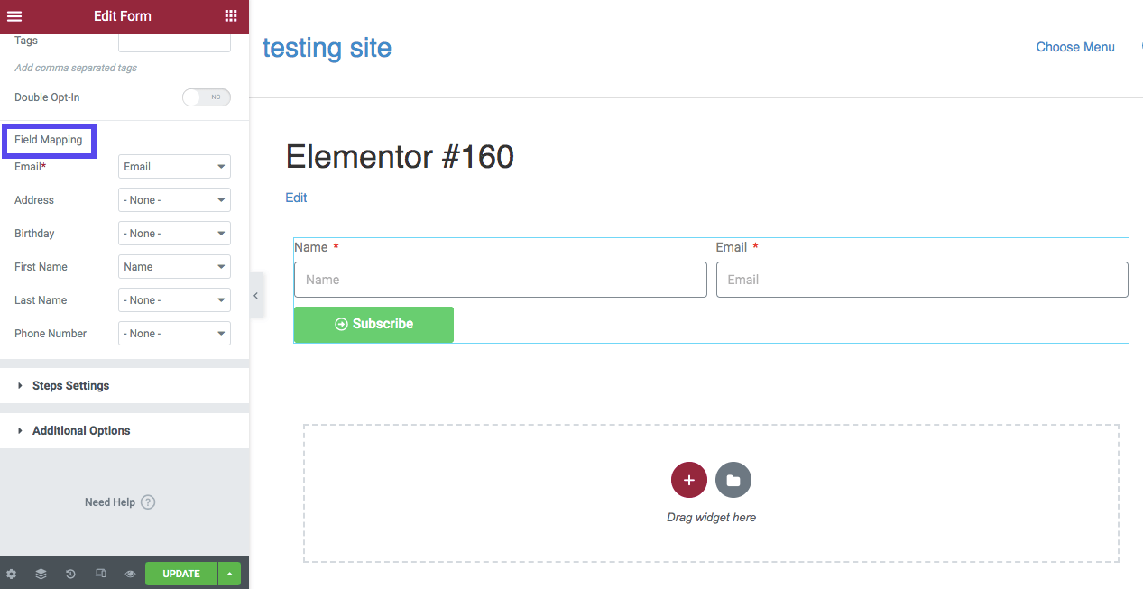 Schermata di Elementor con la sezione Field Mapping aperta nel menu laterale