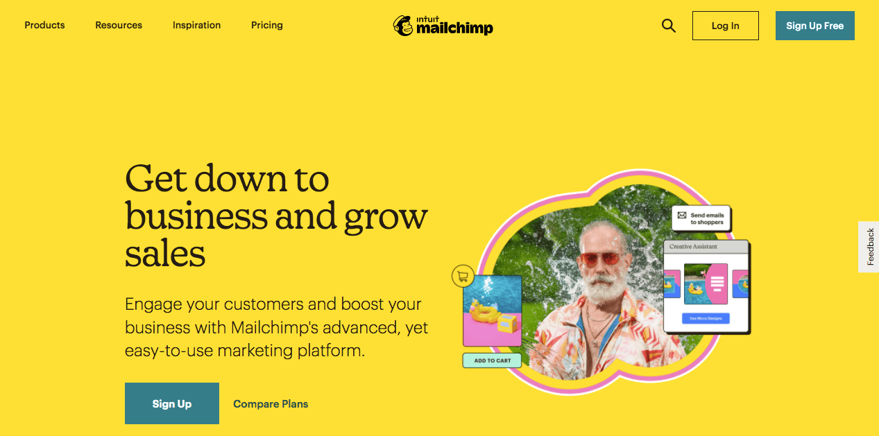Homepage di Mailchimp con il motto Get down to business and grow sales