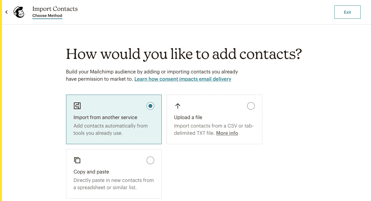 Schermata della bacheca di Mailchimp in cui indicare come volete aggiungere i contatti