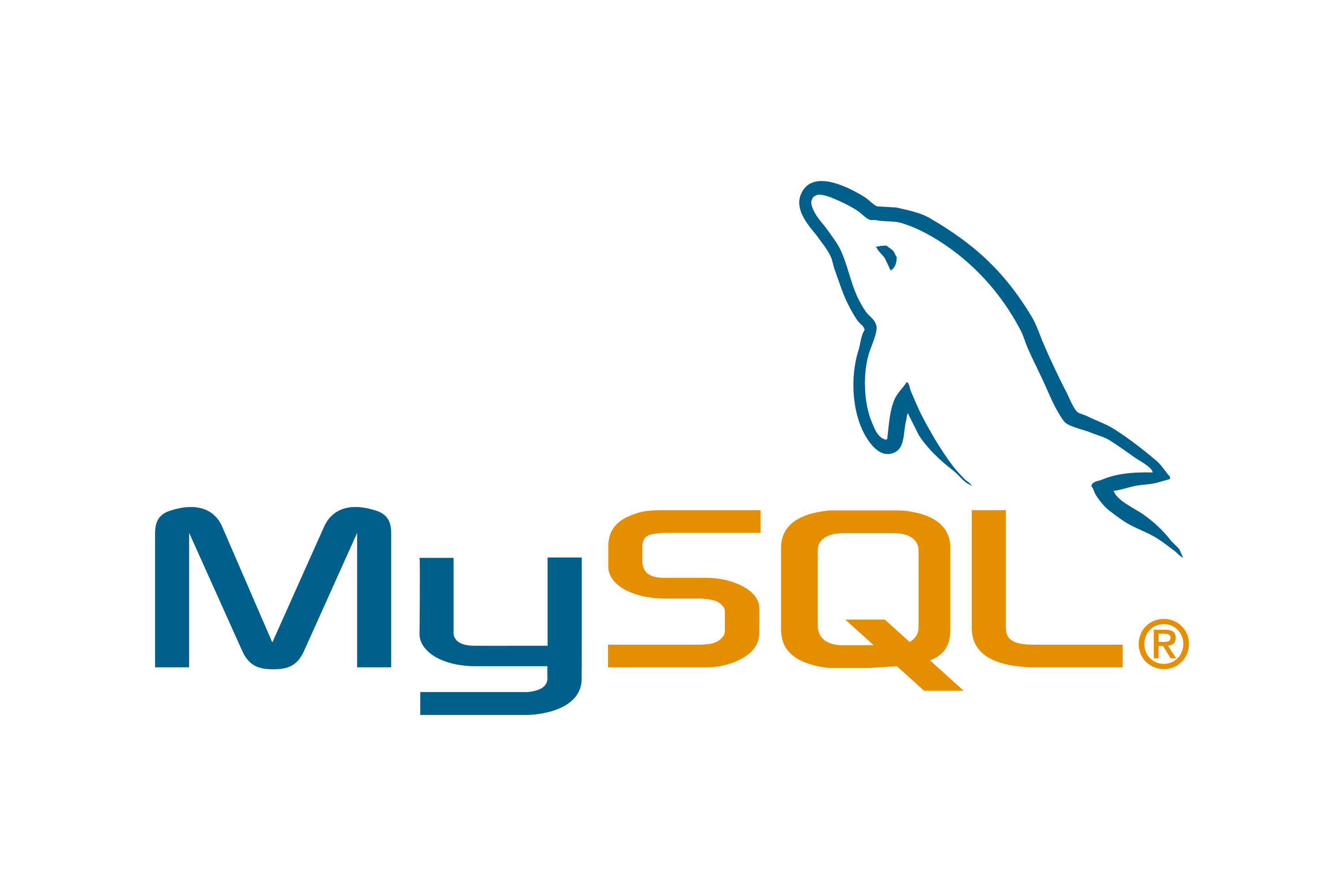 MySQL-logoet, der viser teksten under en skråstillet, stiliseret blå delfinkrop.