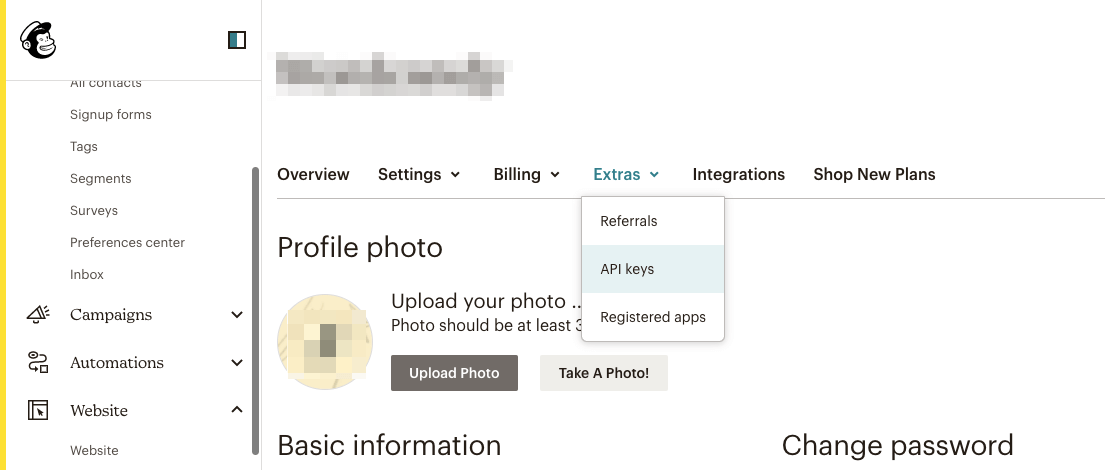 Schermata della pagina Profile di Mailchimp con la scheda Api Keys in Extras