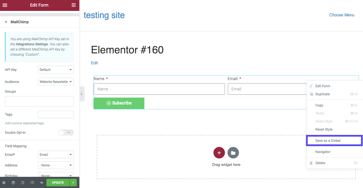 Schermata di Elementor con un modulo nell’editor al centro e il menu di salvataggio aperto: è stata selezionata l’opzione Save as Global