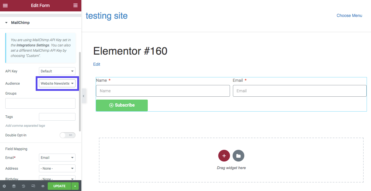 Select the audience from mailchimp you want to attach to the form