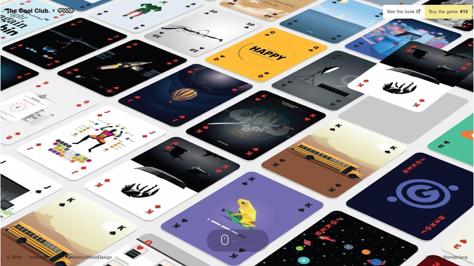 Una grafica interattiva del sito di The Cool Club con un tappeto di carte da gioco di vari colori e illustrazioni
