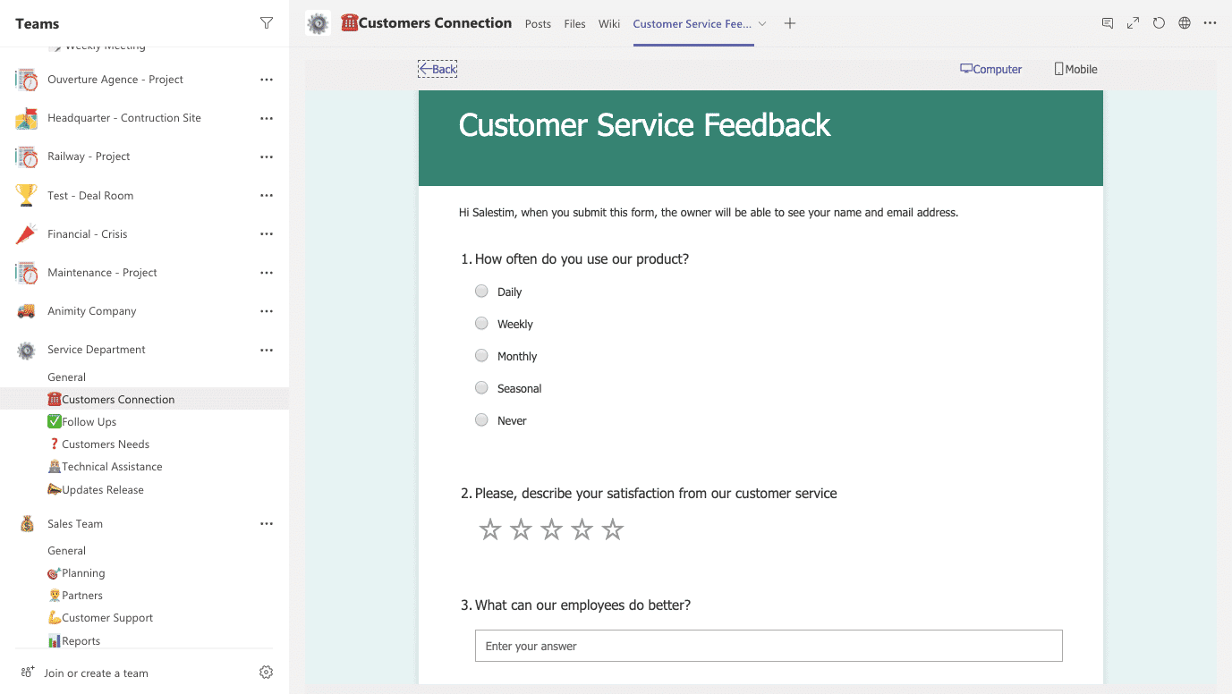 Pesquisa de serviço ao cliente Microsoft Forms