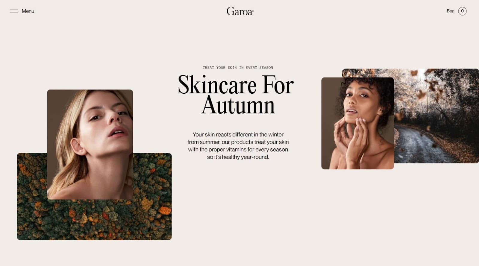 Homepage del sito di Garoa con il motto Skincare for Autumn