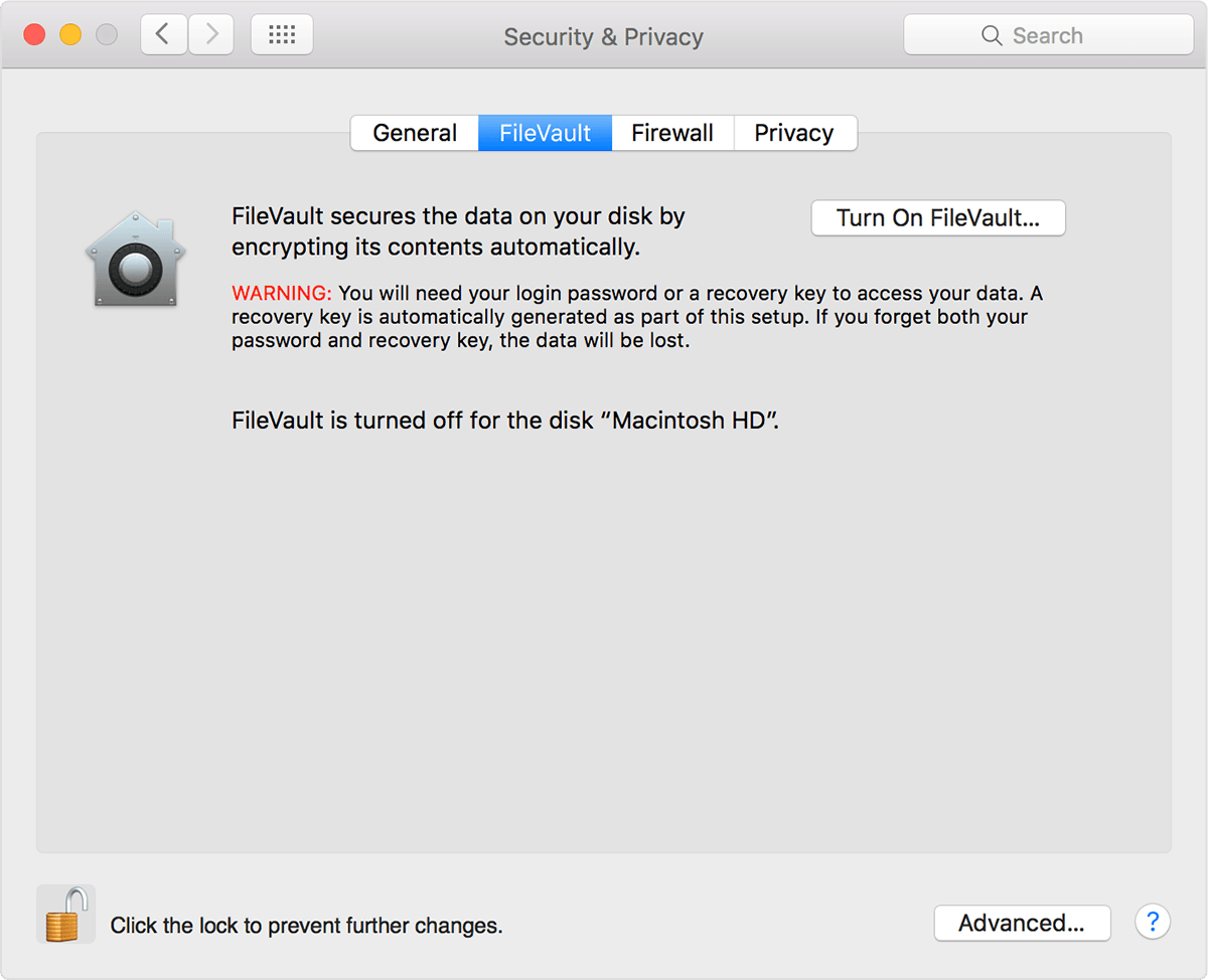 Encriptação FileVault desligado