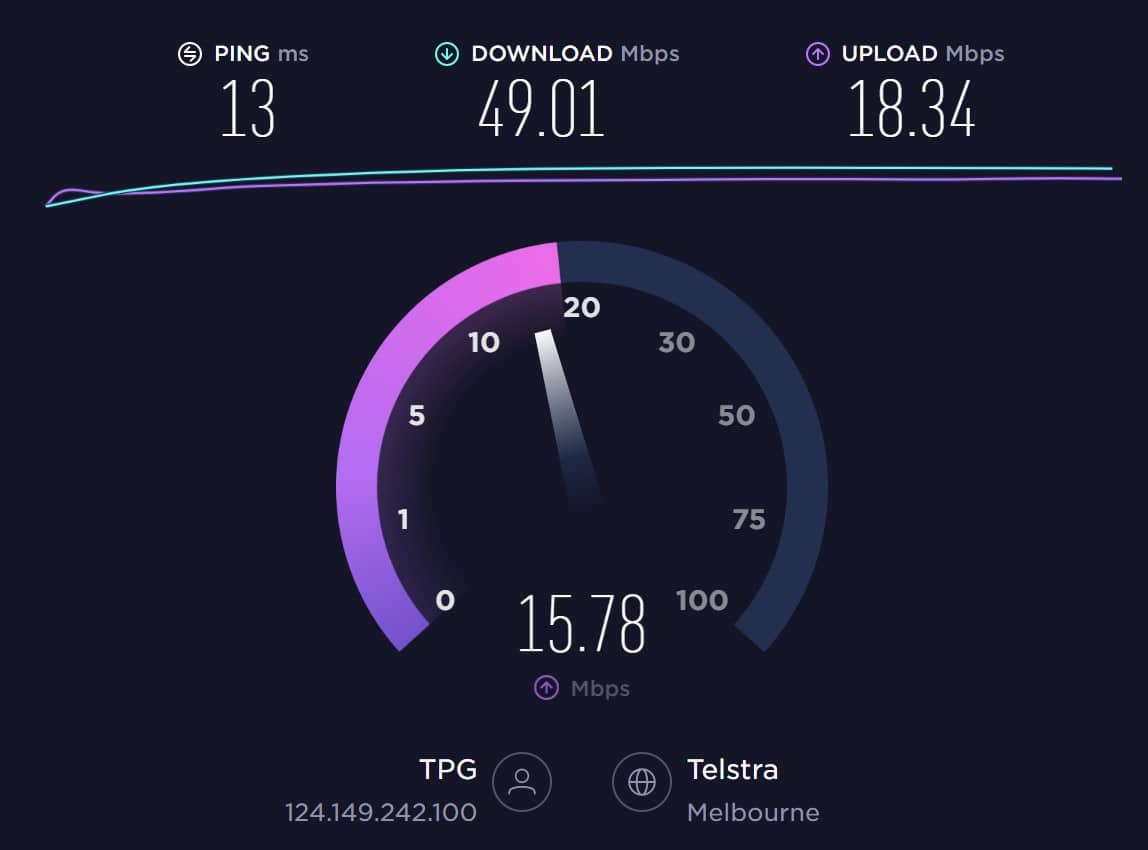 I risultati SpeedTest sono rappresentati da un tachimetro con la velocità in Mbps, e in cima tre dati - il numero di ping, il dato di download e quello di upload