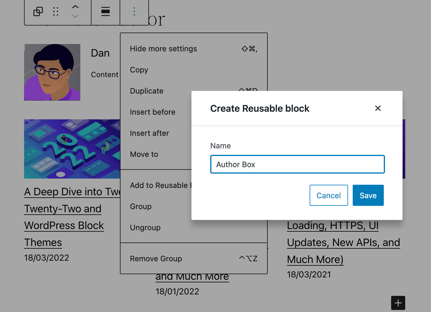Adding a group block to reusable blocks