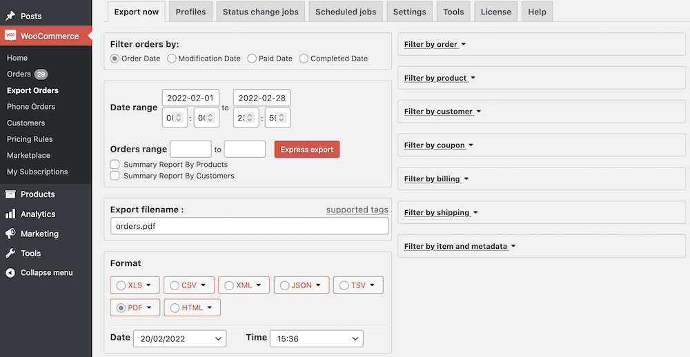 La bacheca di WordPress mostra le opzioni di "Esportazione ordini", tra cui numerosi filtri, opzioni di intervallo di dati e formati di output.