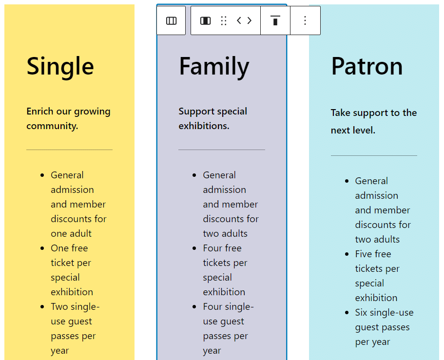 Tre tabelle di diverso colore ed etichettate come Single, Familiy e Patron simulano come si costruiscono le tabelle con i blocchi WordPress