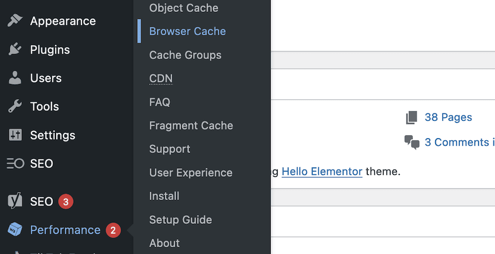 WordPress dashboardet, viser browser cache