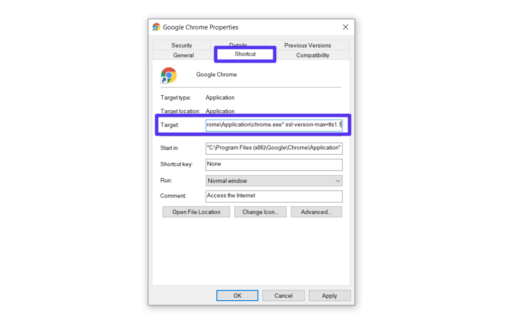 Finestra della configurazione Chrome con le impostazioni per usare una diversa versione TLS.