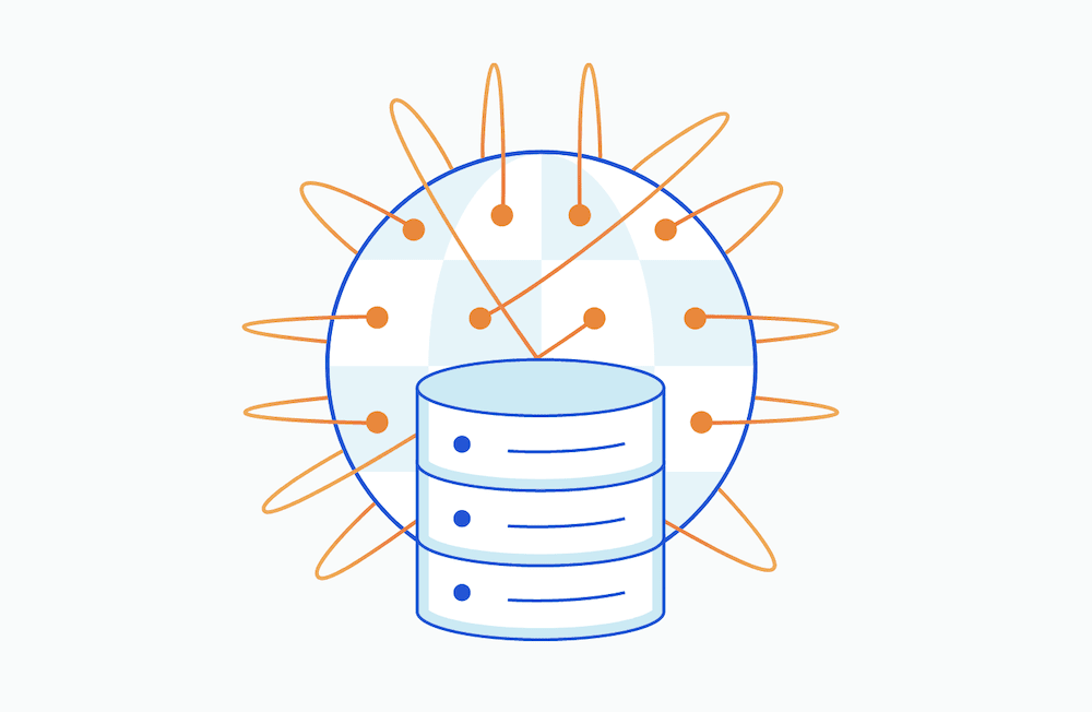 Illustrazione di una pila di server cilindrici blu, di fronte a una sfera blu circondata da sottili anelli arancioni, collegati alla sfera con dei punti.