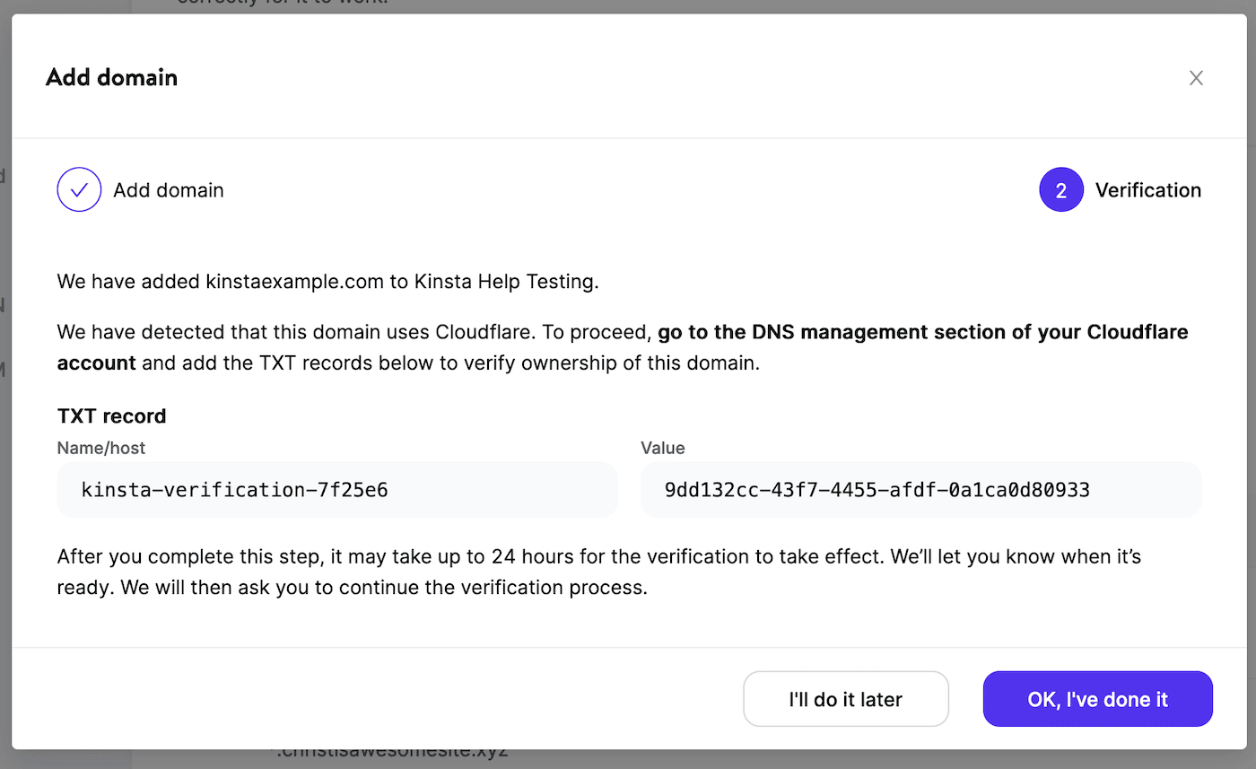 First TXT record in MyKinsta to verify Cloudflare domain.