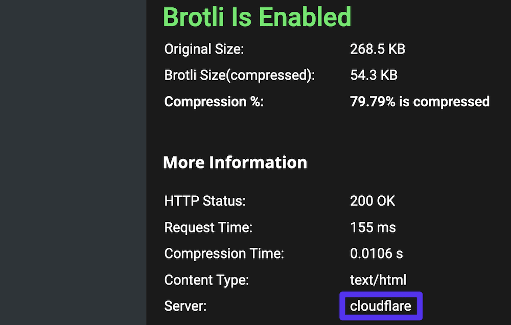En delvis Gift of Speed-resultatside, der viser en aktivbelastning fra en Cloudflare-server sammen med målinger på niveauet af anvendt Brotli-komprimering og testens HTTP-status.
