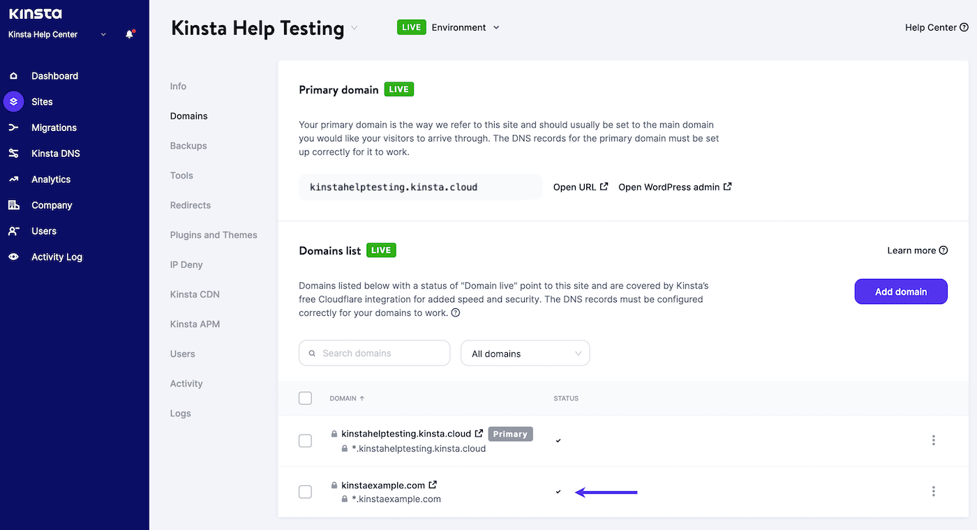 A checkmark next to your root domain in MyKinsta indicates it's pointed correctly.