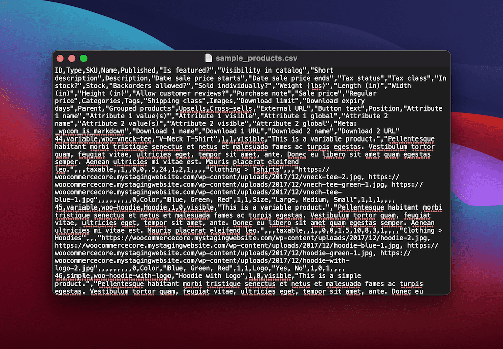 Un editor di testo che mostra i valori dei dati dei prodotti WooCommerce separati da virgole.