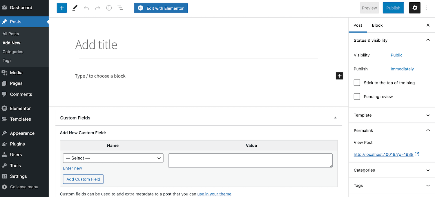 エディタの「Elementorで編集する」オプション