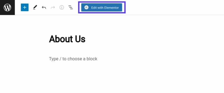 Schermata dell’editor WordPress con il pulsante Edit with Elementor.