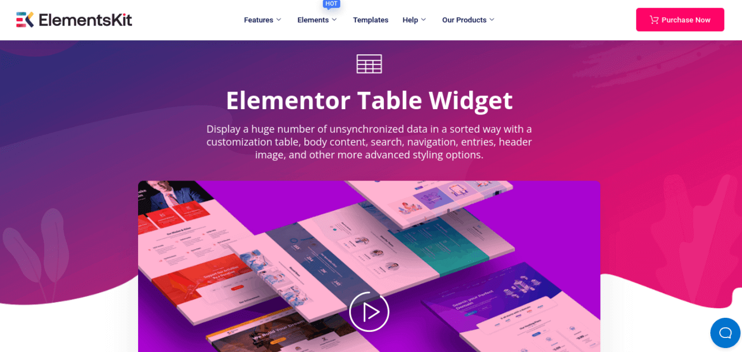 Homepage dell’add-on ElementsKit Elementor Table Widget