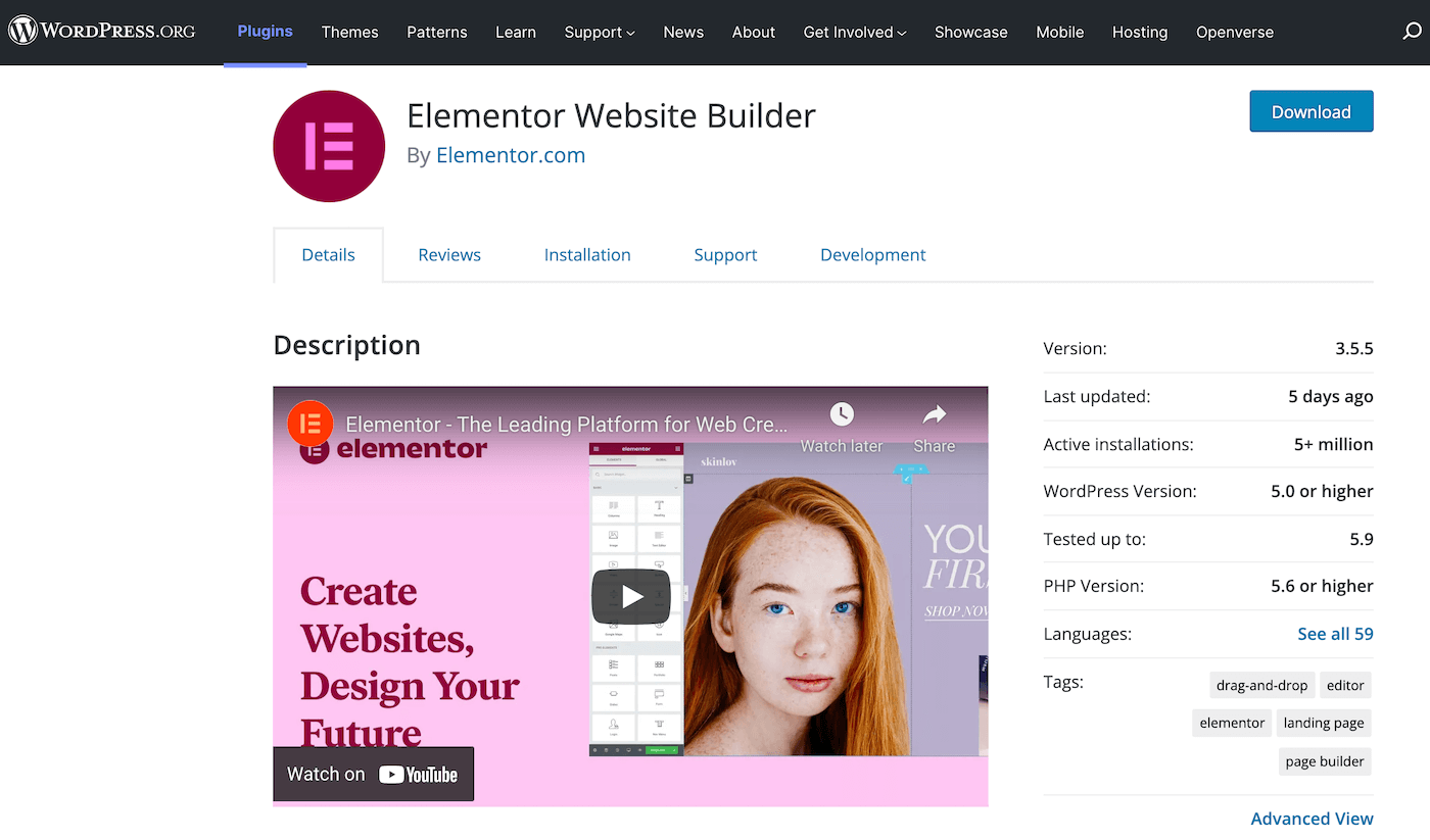 Homepage di Elementor su WordPress.org