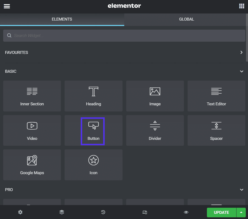 Schermata Elements con le opzioni Basic dell’editor: il riquado Button è evidenziato