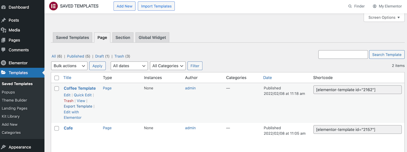 Escolha entre os templates de página e seção