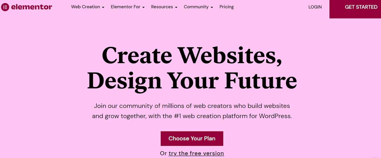 Homepage del plugin Elementor con il motto Create Websites, Design the Future