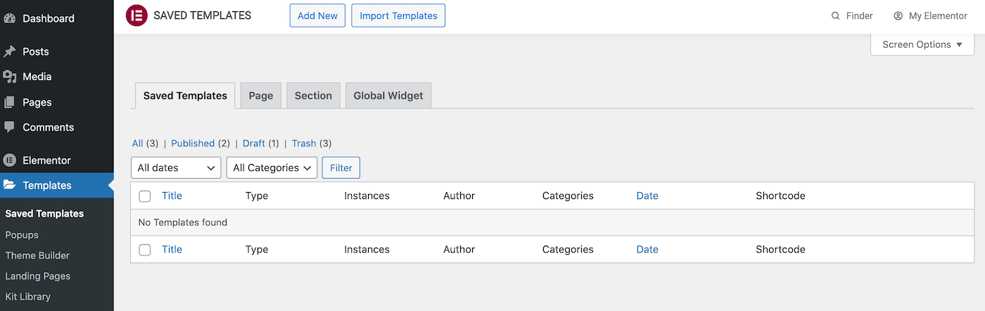 Sezione My Templates di Elementor dove potete fare clic sul pulsante di importazione dei template per importare un nuovo template Elementor