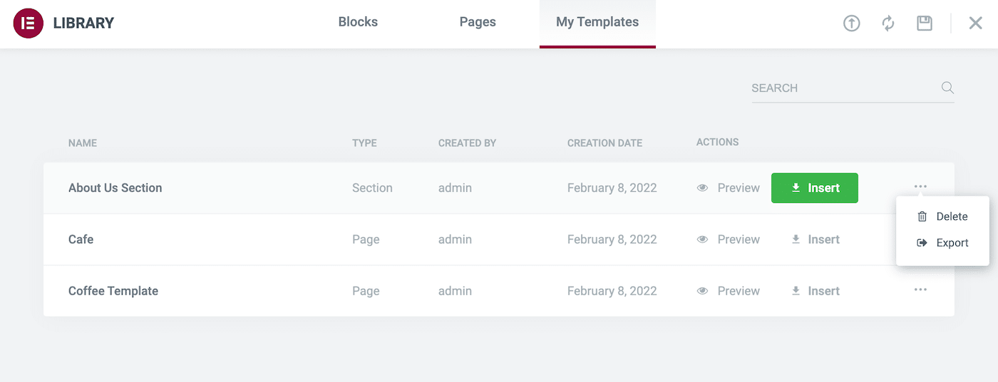 Sezione My Templates di Elementor con i template salvati in libreria