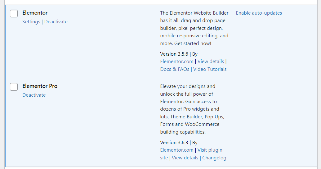 Schermata della pagina plugin di WordPress dove compaiono Elementor ed Elementor Pro