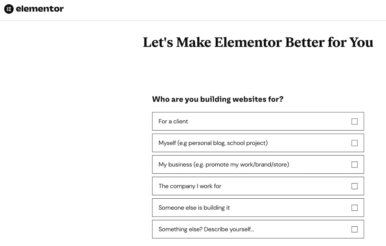 Modulo con una serie di opzioni per definire il target e il tipo di account Elementor da creare