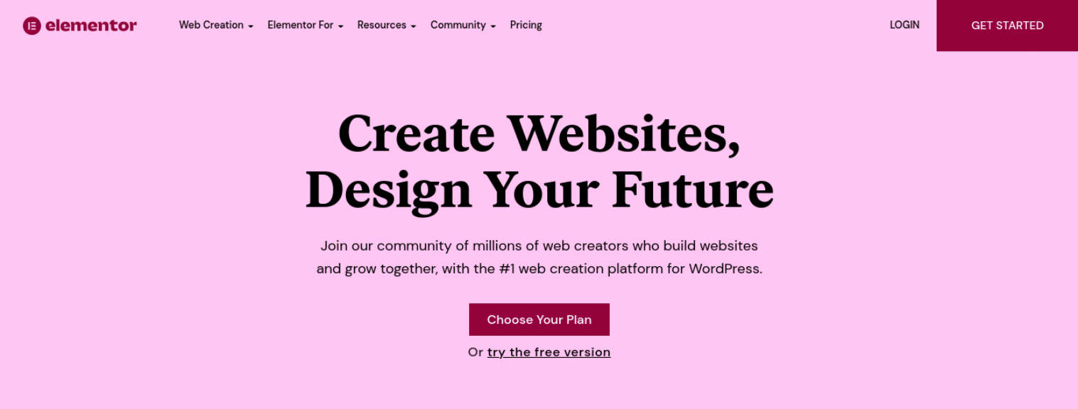 Homepage del plugin Elementor plugin con il motto Create Websites, Design Your Future