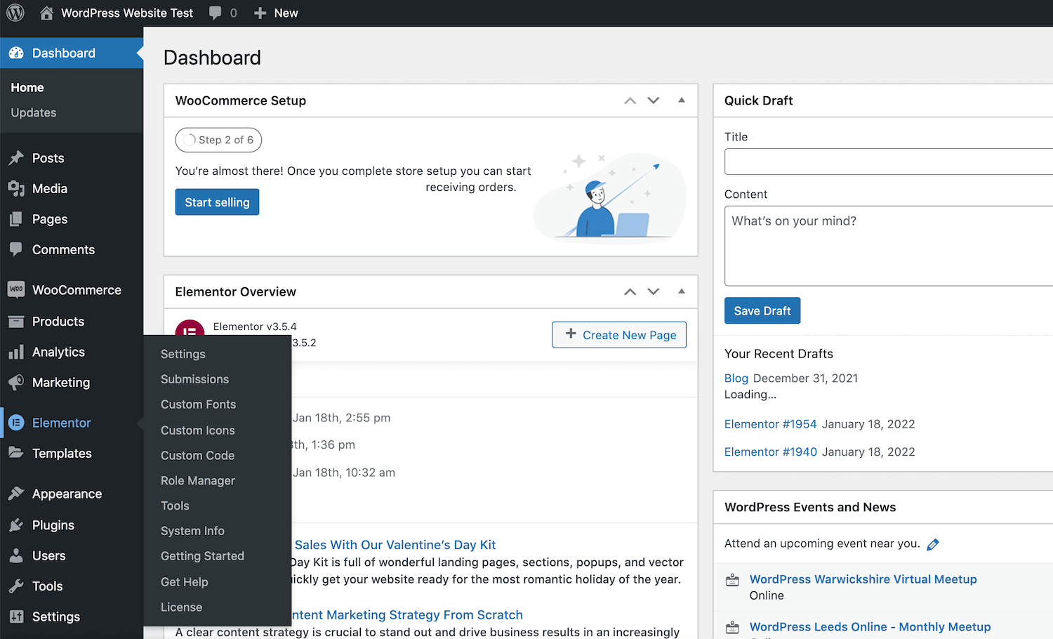 Die Elementor Option wird dem WordPress Dashboard hinzugefügt, sobald sie aktiviert ist