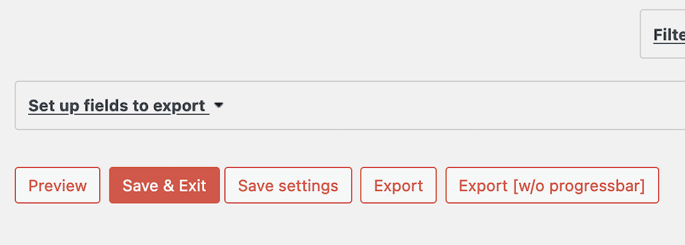 La parte inferior de un perfil de exportación, que muestra una serie de botones, incluida la opción de exportación.