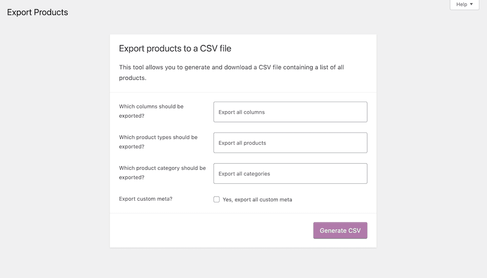 The "Export Products" dialog, showing three options to select columns to export, and the "Generate CSV" button.