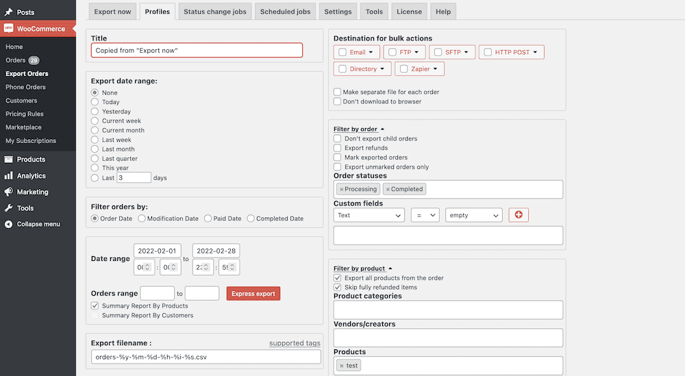 Het Export Orders scherm dat een enkel profiel toont.