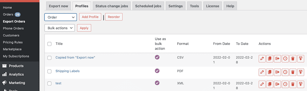 Il backend di WordPress, che mostra la sezione Profili per l'esportazione degli ordini. È presente un elenco di colonne, completo di informazioni sui formati e sugli intervalli di dati, e anche un menu con l'icona delle azioni.